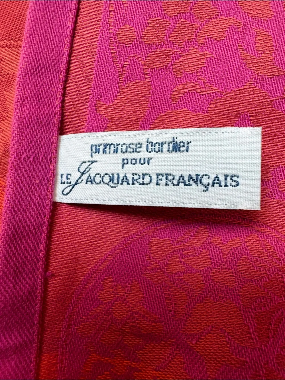 Le Jacquard Francais Primrose Bordier Tablecloth 62 x 58”Magenta Wine Terracotta